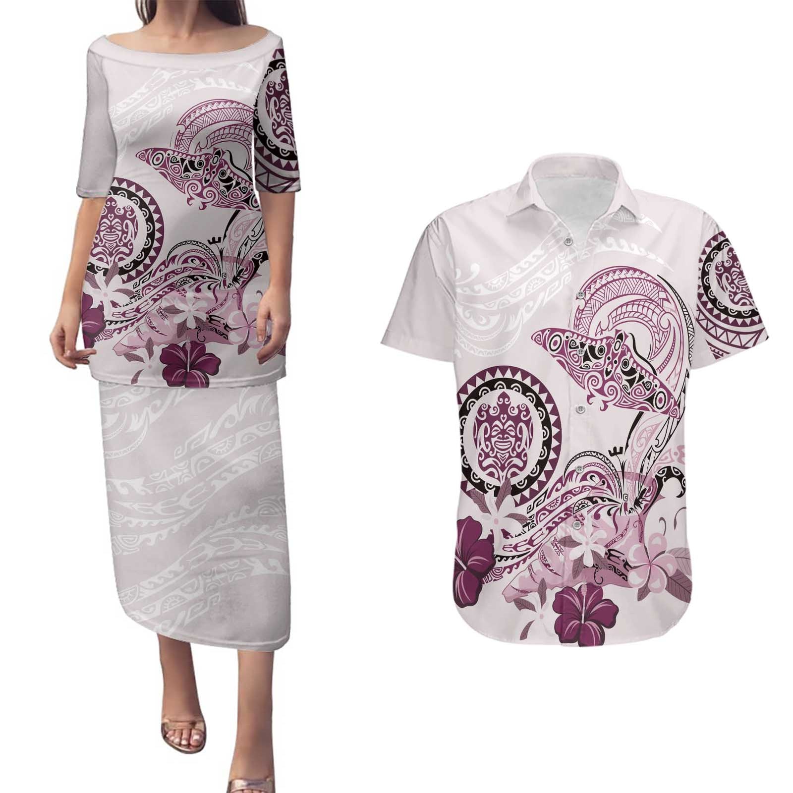 Polynesian Manta Ray Couples Matching Puletasi and Hawaiian Shirt Pink Floral Turtle Tattoo - Polynesian Pride