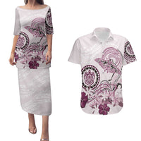Polynesian Manta Ray Couples Matching Puletasi and Hawaiian Shirt Pink Floral Turtle Tattoo - Polynesian Pride