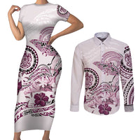 Polynesian Manta Ray Couples Matching Short Sleeve Bodycon Dress and Long Sleeve Button Shirt Pink Floral Turtle Tattoo - Polynesian Pride