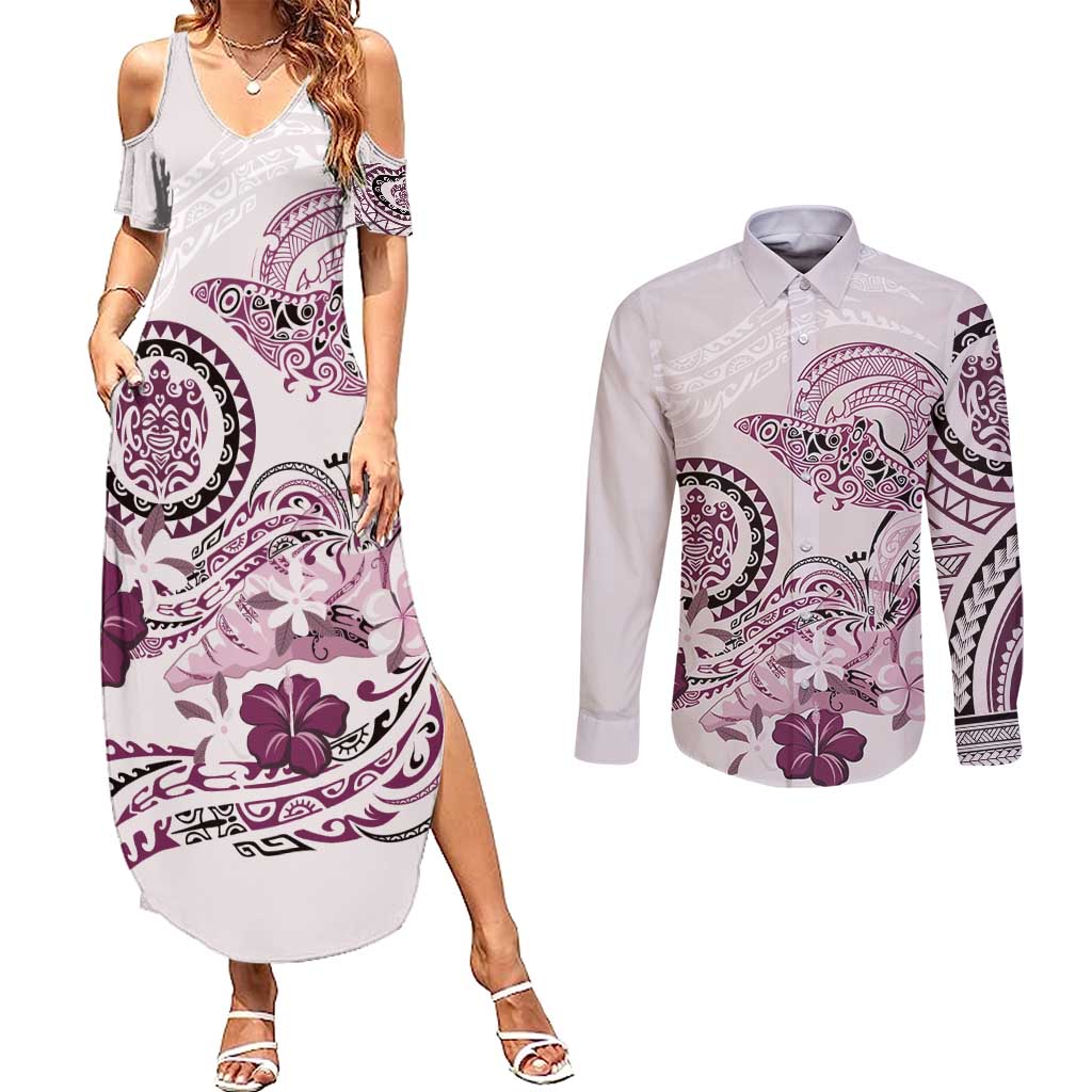 Polynesian Manta Ray Couples Matching Summer Maxi Dress and Long Sleeve Button Shirt Pink Floral Turtle Tattoo - Polynesian Pride