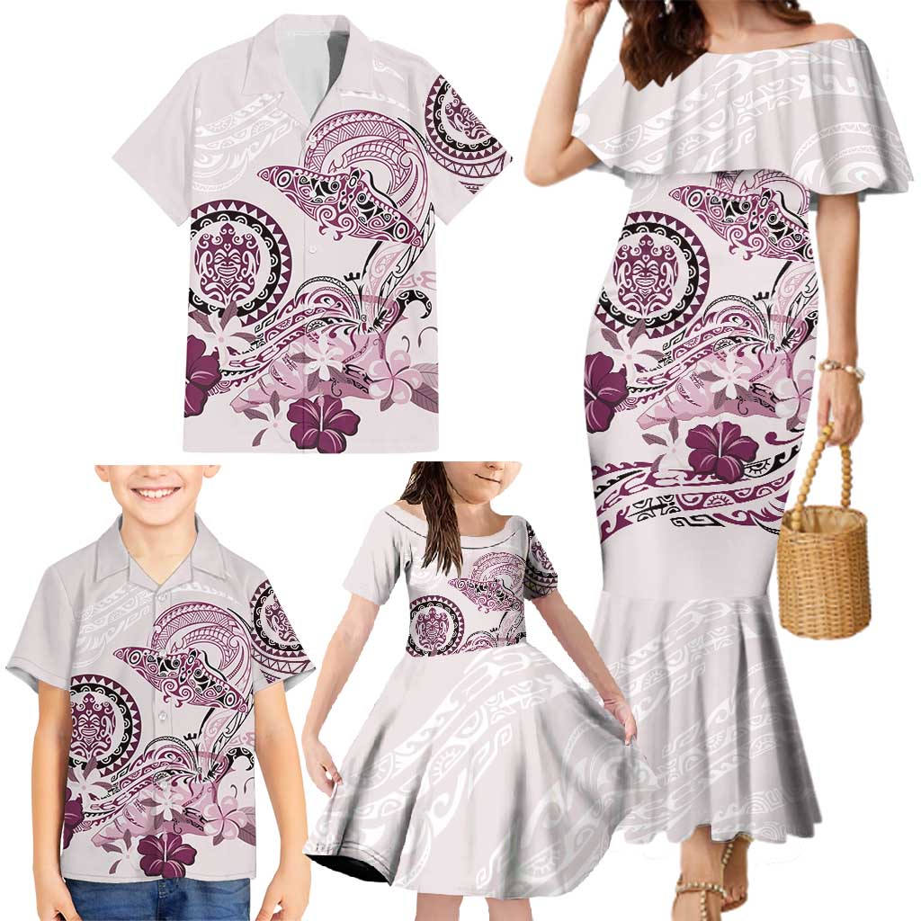 Polynesian Manta Ray Family Matching Mermaid Dress and Hawaiian Shirt Pink Floral Turtle Tattoo - Polynesian Pride