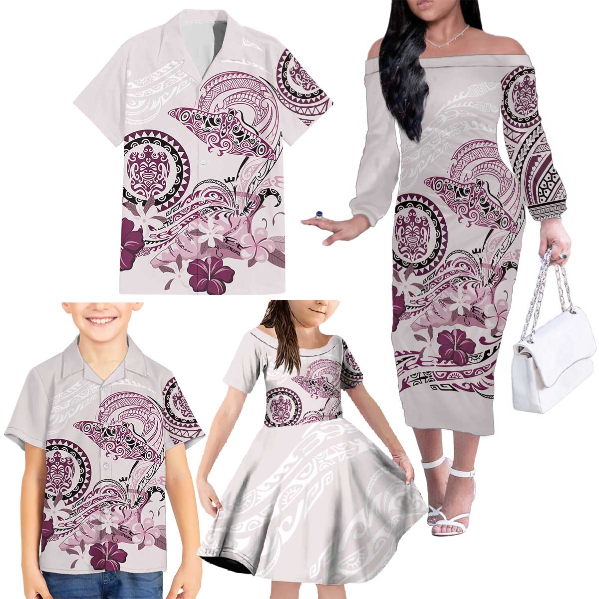 Polynesian Manta Ray Family Matching Off The Shoulder Long Sleeve Dress and Hawaiian Shirt Pink Floral Turtle Tattoo - Polynesian Pride