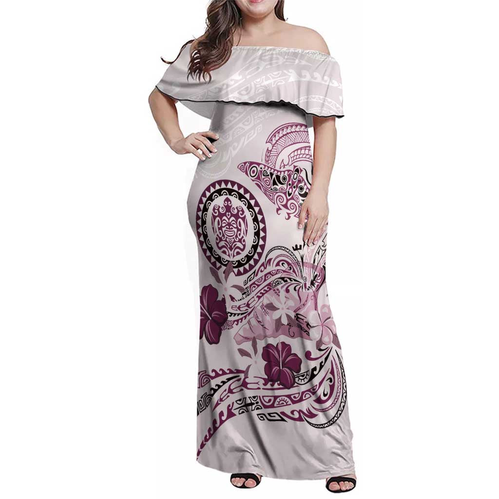 Polynesian Manta Ray Family Matching Off Shoulder Maxi Dress and Hawaiian Shirt Pink Floral Turtle Tattoo - Polynesian Pride
