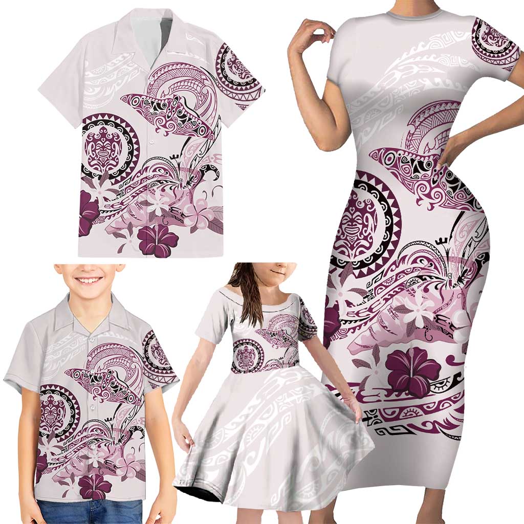 Polynesian Manta Ray Family Matching Short Sleeve Bodycon Dress and Hawaiian Shirt Pink Floral Turtle Tattoo - Polynesian Pride