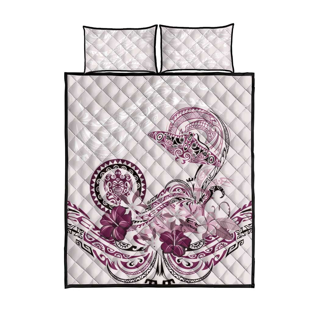 Polynesian Manta Ray Quilt Bed Set Pink Floral Turtle Tattoo - Polynesian Pride