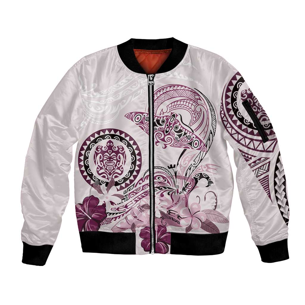 Polynesian Manta Ray Sleeve Zip Bomber Jacket Pink Floral Turtle Tattoo - Polynesian Pride