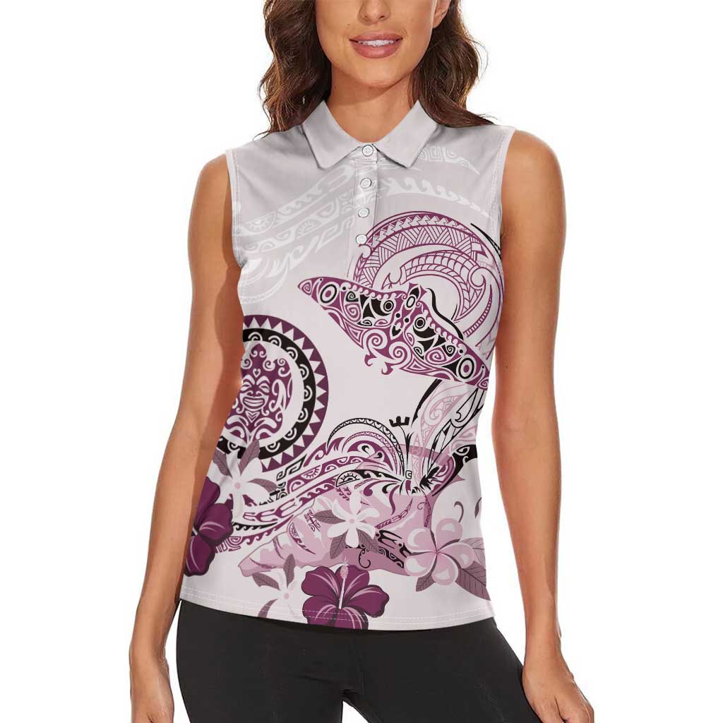 Polynesian Manta Ray Women Sleeveless Polo Shirt Pink Floral Turtle Tattoo - Polynesian Pride