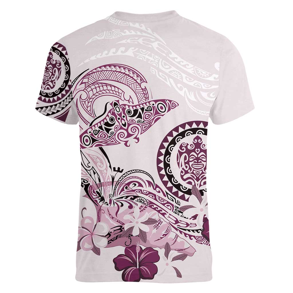 Polynesian Manta Ray Women V-Neck T-Shirt Pink Floral Turtle Tattoo - Polynesian Pride
