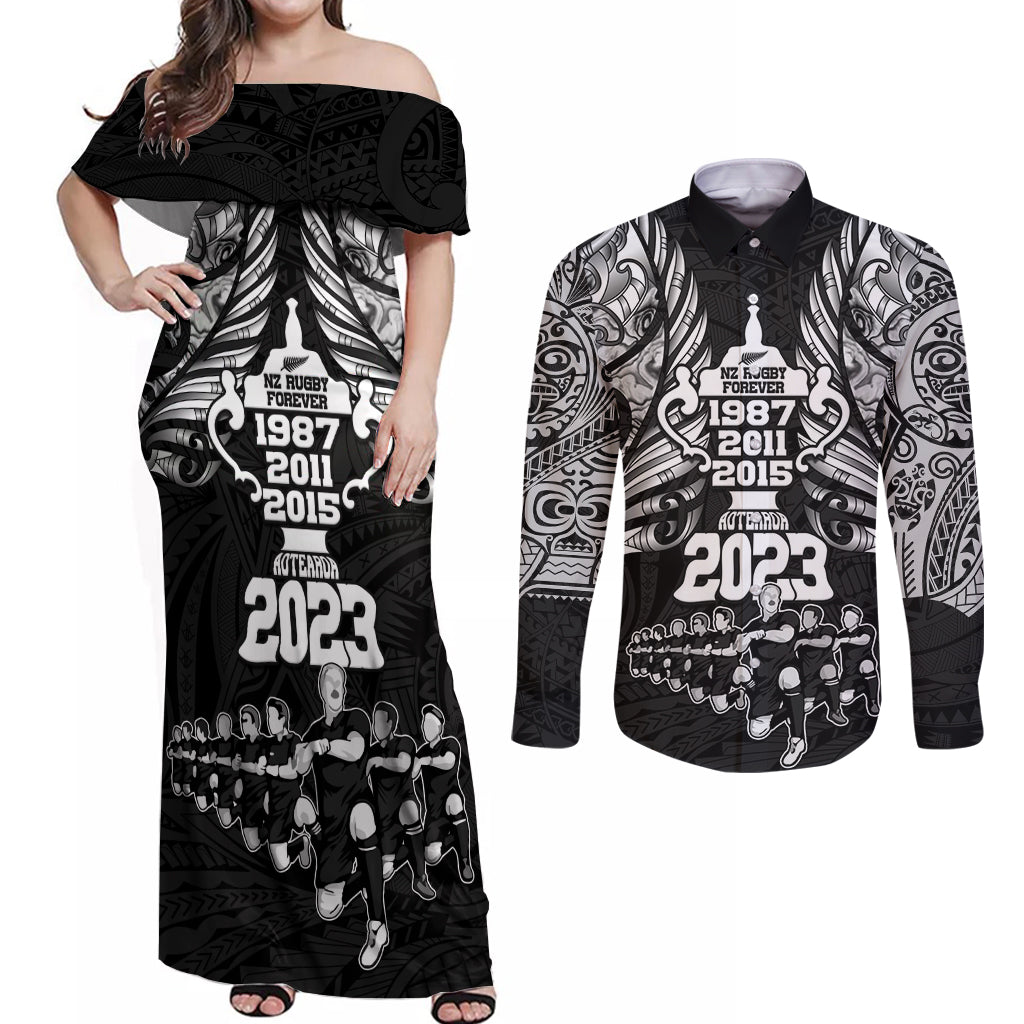 New Zealand Rugby Couples Matching Off Shoulder Maxi Dress and Long Sleeve Button Shirt Black Haka Dance With NZ Champions History LT9 Black - Polynesian Pride