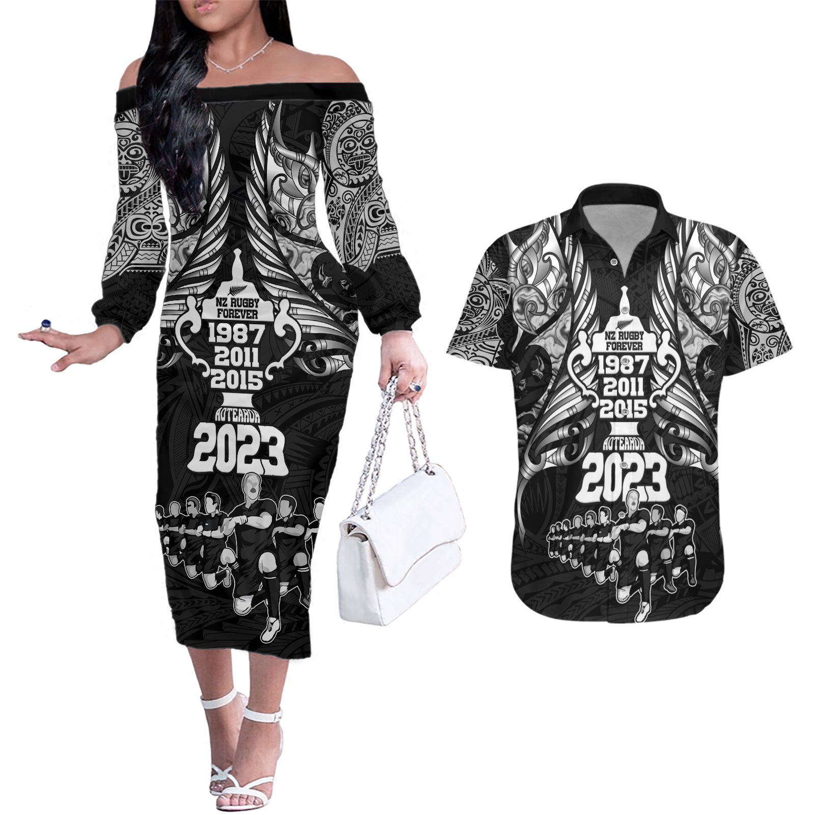 New Zealand Rugby Couples Matching Off The Shoulder Long Sleeve Dress and Hawaiian Shirt Black Haka Dance With NZ Champions History LT9 Black - Polynesian Pride