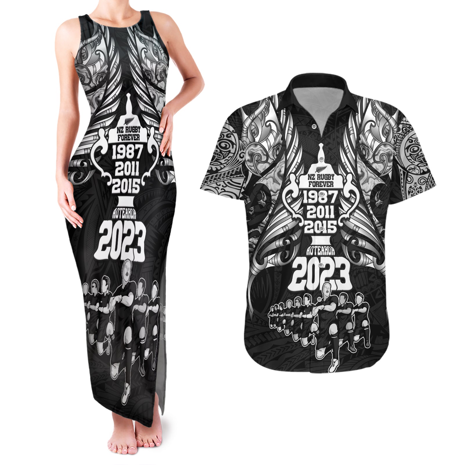 New Zealand Rugby Couples Matching Tank Maxi Dress and Hawaiian Shirt Black Haka Dance With NZ Champions History LT9 Black - Polynesian Pride