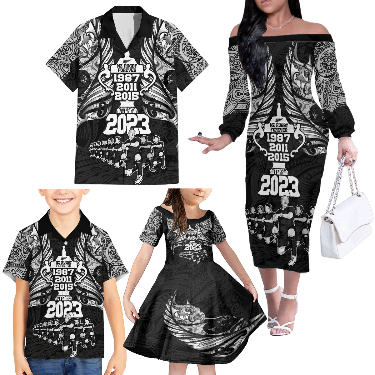 New Zealand Rugby Family Matching Off Shoulder Long Sleeve Dress and Hawaiian Shirt Black Haka Dance With NZ Champions History LT9 - Polynesian Pride