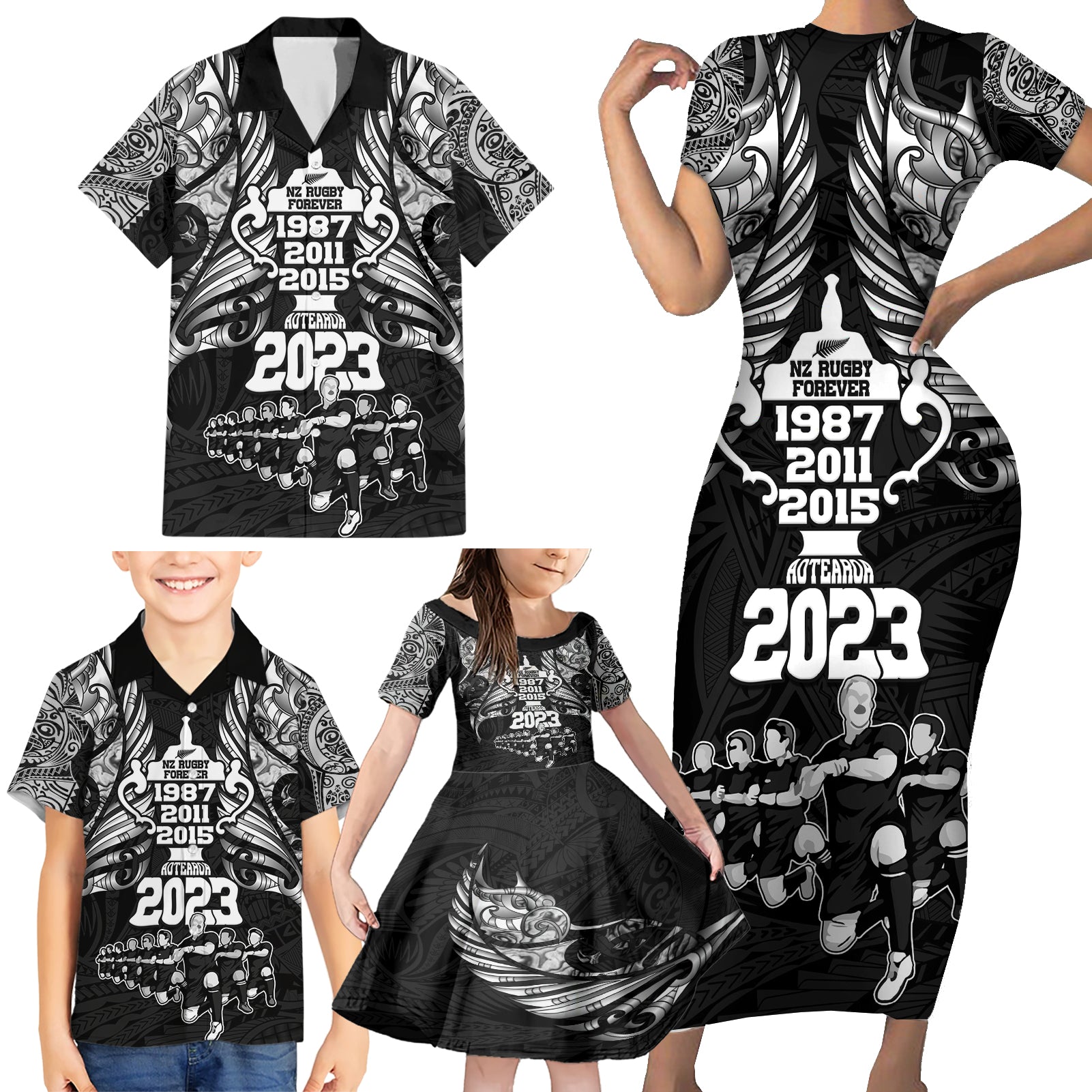 New Zealand Rugby Family Matching Short Sleeve Bodycon Dress and Hawaiian Shirt Black Haka Dance With NZ Champions History LT9 - Polynesian Pride