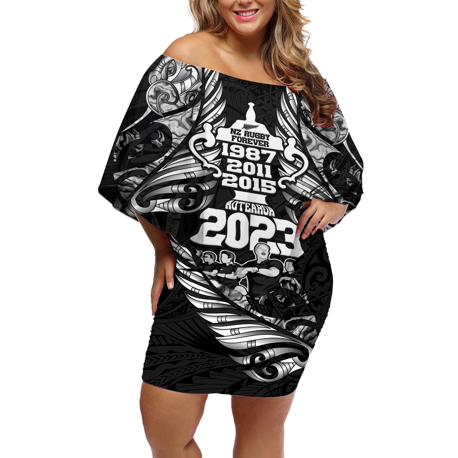 New Zealand Rugby Off Shoulder Short Dress Black Haka Dance With NZ Champions History LT9 Women Black - Polynesian Pride