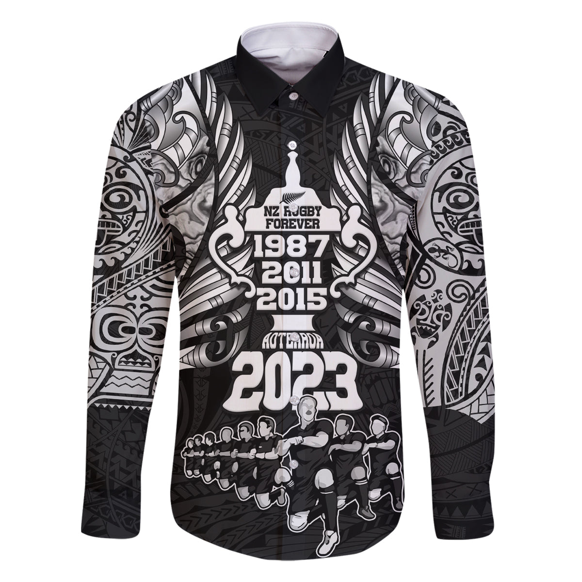 Custom New Zealand Rugby Family Matching Mermaid Dress and Hawaiian Shirt Black Haka Dance With NZ Champions History LT9 Dad's Shirt - Long Sleeve Black - Polynesian Pride