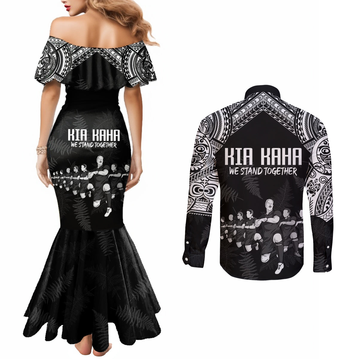 NZ Rugby Couples Matching Mermaid Dress and Long Sleeve Button Shirt Kapa Opango Maori Haka With Years of The All Black Champions LT9 - Polynesian Pride