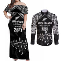 NZ Rugby Couples Matching Off Shoulder Maxi Dress and Long Sleeve Button Shirt Kapa Opango Maori Haka With Years of The All Black Champions LT9 Black - Polynesian Pride