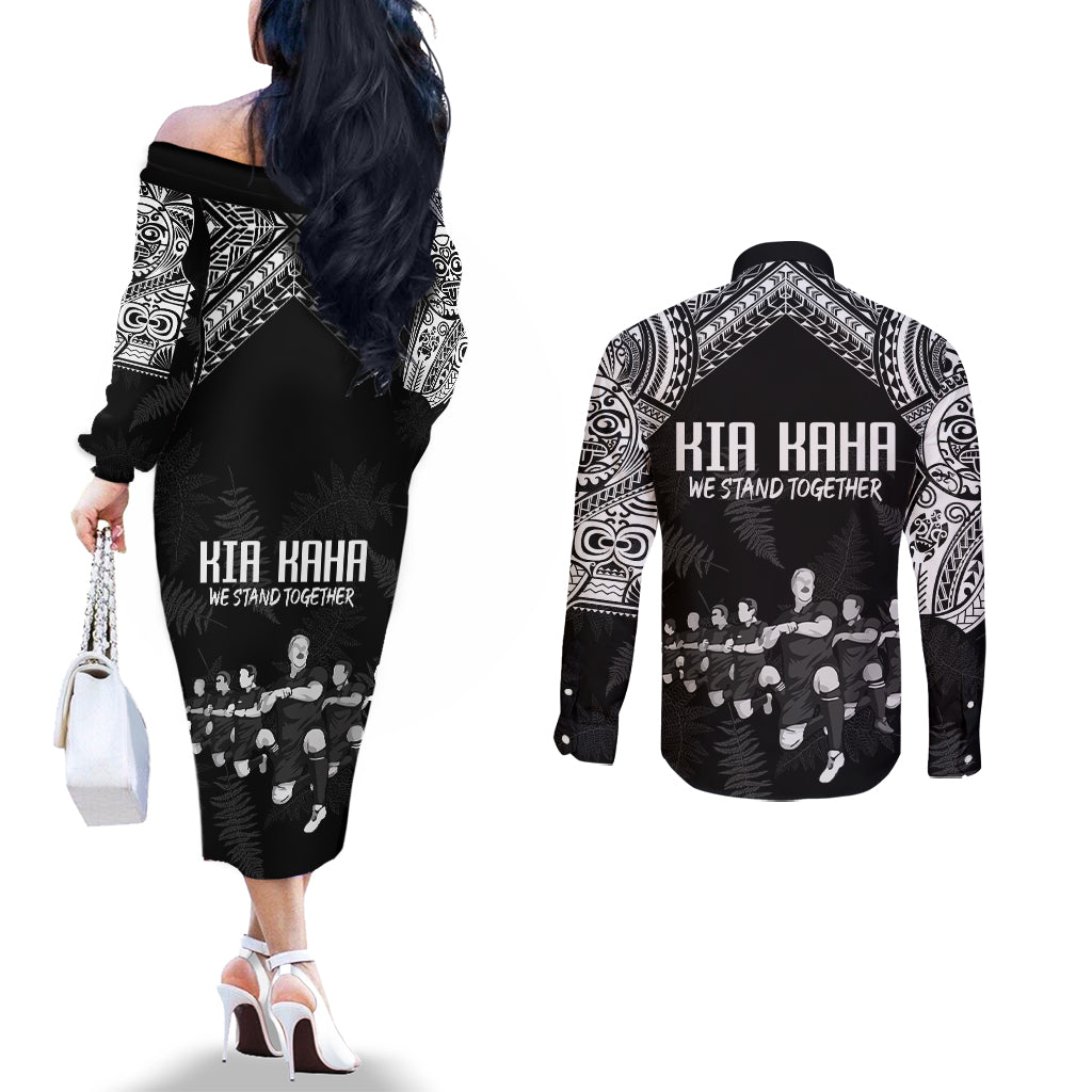 NZ Rugby Couples Matching Off The Shoulder Long Sleeve Dress and Long Sleeve Button Shirt Kapa Opango Maori Haka With Years of The All Black Champions LT9 - Polynesian Pride