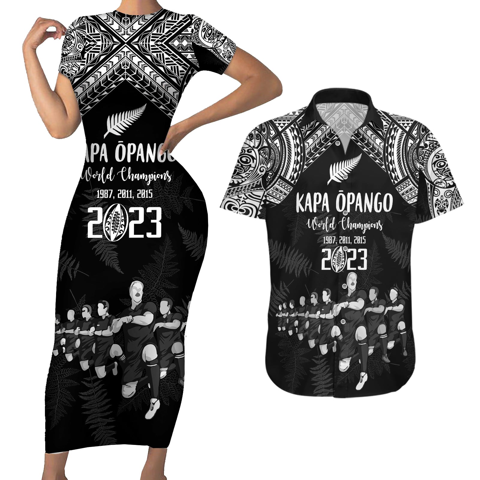 NZ Rugby Couples Matching Short Sleeve Bodycon Dress and Hawaiian Shirt Kapa Opango Maori Haka With Years of The All Black Champions LT9 Black - Polynesian Pride