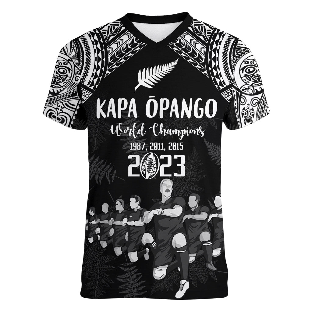 NZ Rugby Women V Neck T Shirt Kapa Opango Maori Haka With Years of The All Black Champions LT9 Female Black - Polynesian Pride