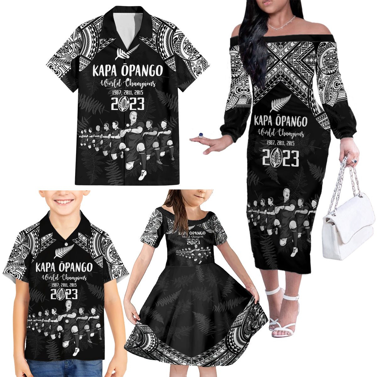 Custom NZ Rugby Family Matching Off Shoulder Long Sleeve Dress and Hawaiian Shirt Kapa Opango Maori Haka With Years of The All Black Champions LT9 - Polynesian Pride