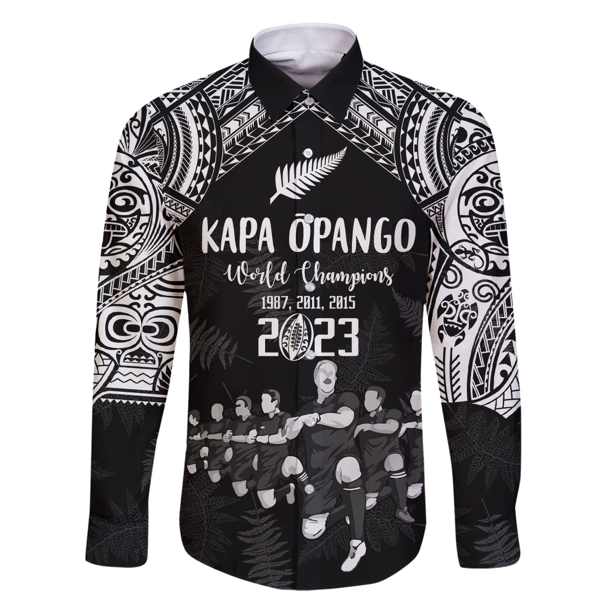 Custom NZ Rugby Family Matching Off Shoulder Long Sleeve Dress and Hawaiian Shirt Kapa Opango Maori Haka With Years of The All Black Champions LT9 Dad's Shirt - Long Sleeve Black - Polynesian Pride