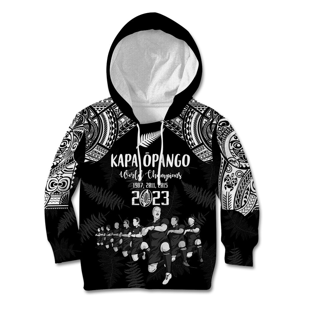 Custom NZ Rugby Kid Hoodie Kapa Opango Maori Haka With Years of The All Black Champions LT9 Black - Polynesian Pride