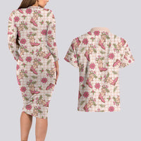 Beige Paniolo Palaka Hawaiian Cowgirl Christmas Couples Matching Long Sleeve Bodycon Dress and Hawaiian Shirt - Polynesian Pride