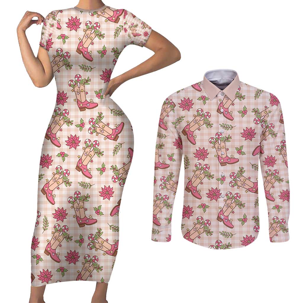 Beige Paniolo Palaka Hawaiian Cowgirl Christmas Couples Matching Short Sleeve Bodycon Dress and Long Sleeve Button Shirt - Polynesian Pride