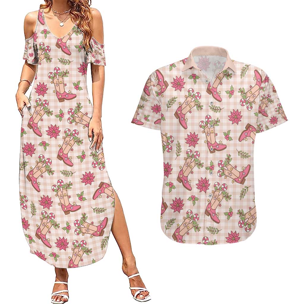 Beige Paniolo Palaka Hawaiian Cowgirl Christmas Couples Matching Summer Maxi Dress and Hawaiian Shirt - Polynesian Pride