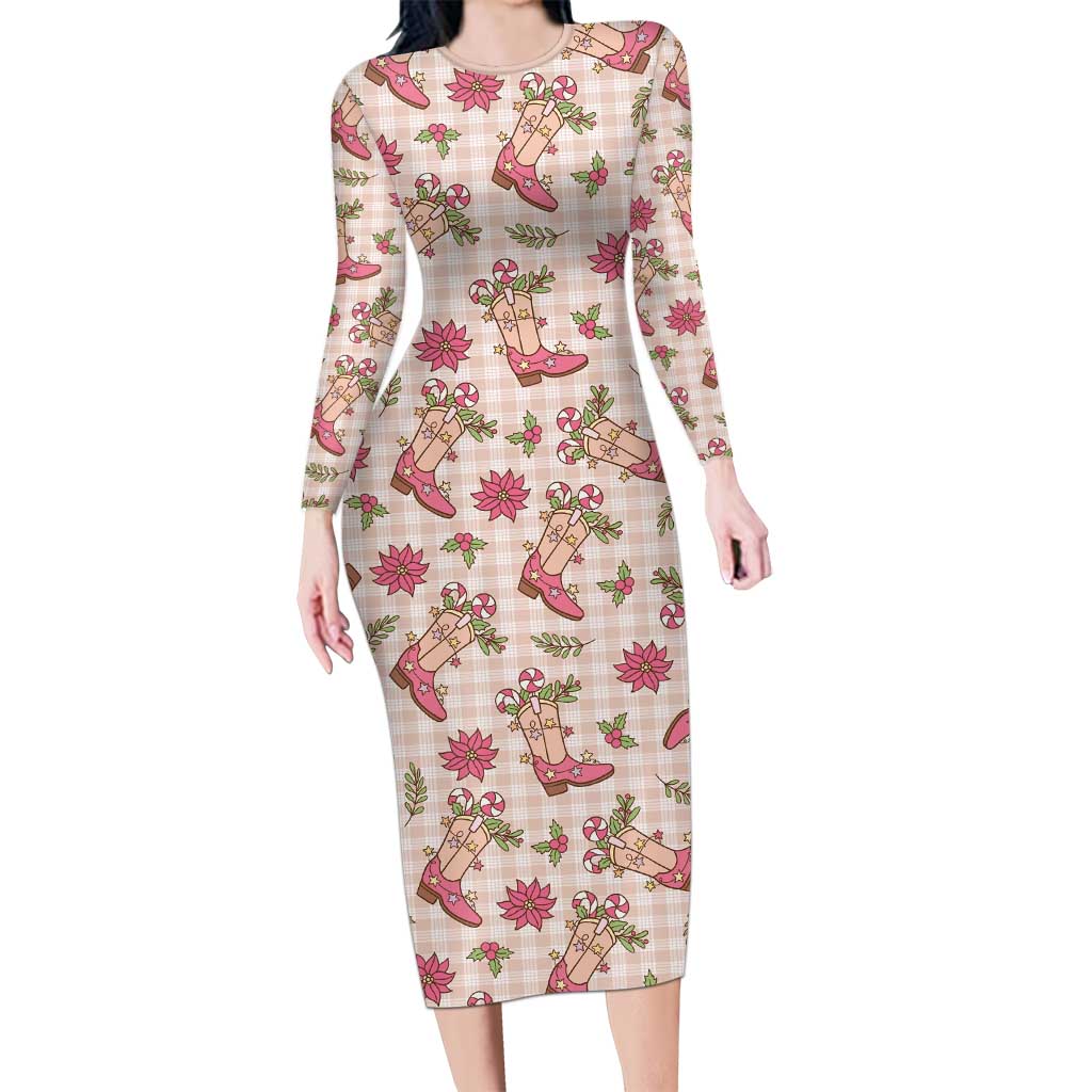 Beige Paniolo Palaka Hawaiian Cowgirl Christmas Family Matching Long Sleeve Bodycon Dress and Hawaiian Shirt - Polynesian Pride