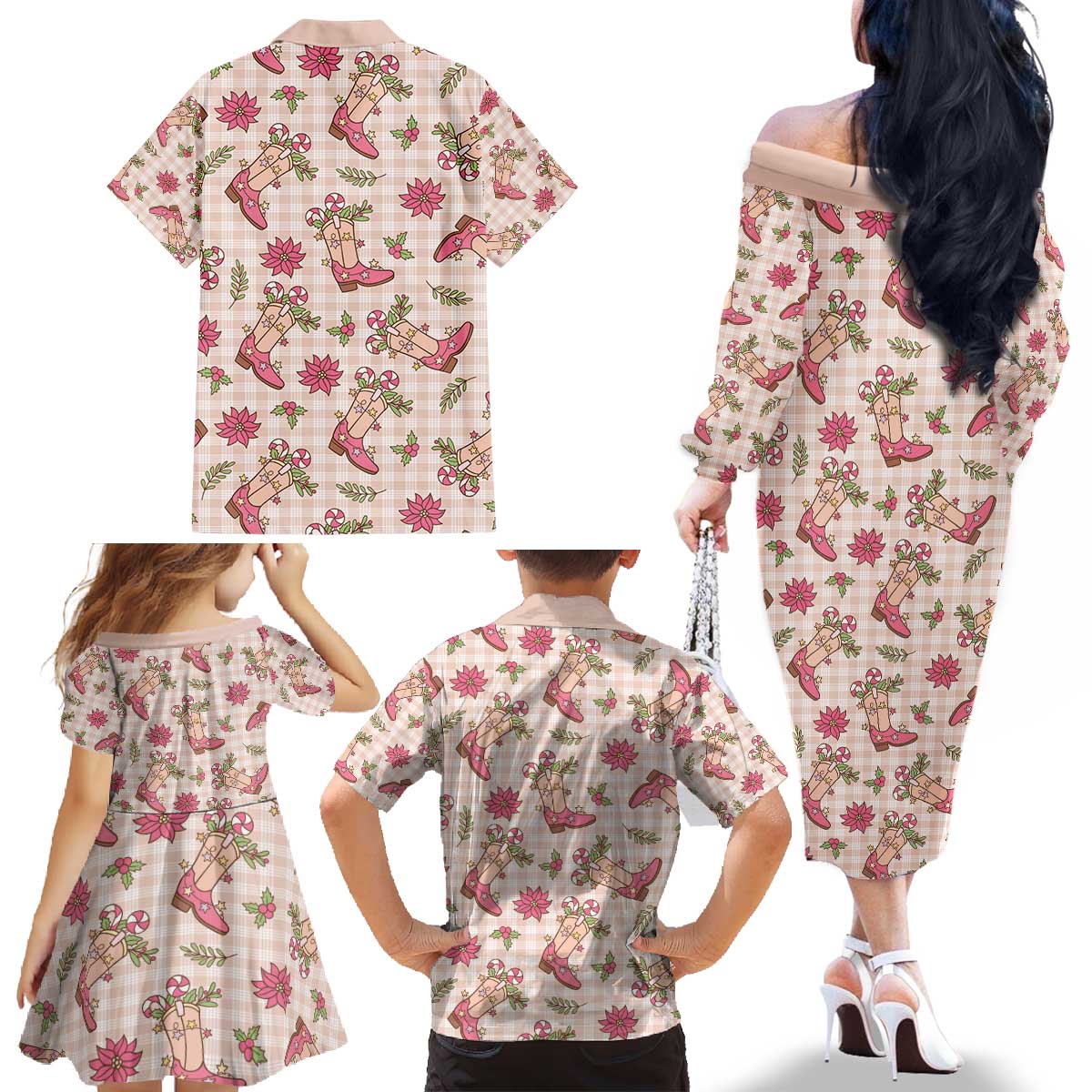 Beige Paniolo Palaka Hawaiian Cowgirl Christmas Family Matching Off The Shoulder Long Sleeve Dress and Hawaiian Shirt - Polynesian Pride