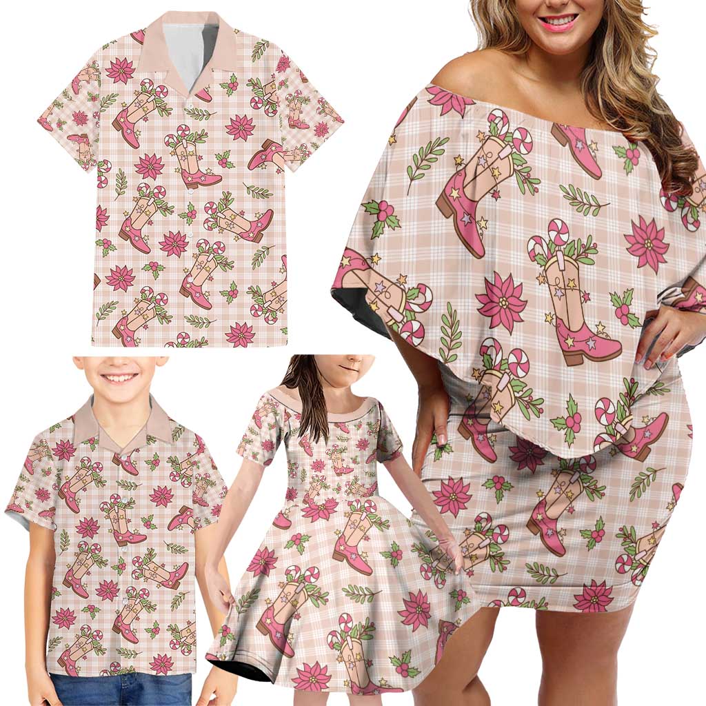 Beige Paniolo Palaka Hawaiian Cowgirl Christmas Family Matching Off Shoulder Short Dress and Hawaiian Shirt - Polynesian Pride