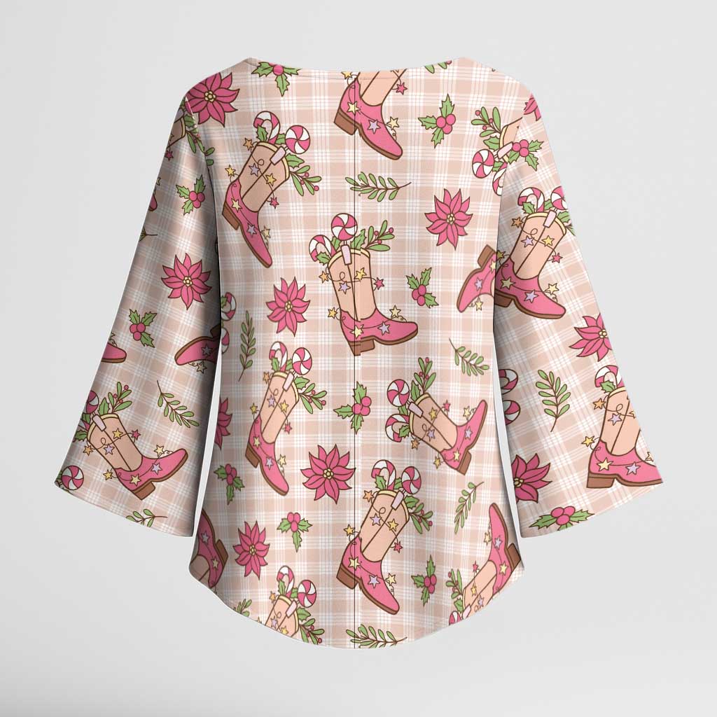 Beige Paniolo Palaka Hawaiian Cowgirl Christmas Kimono Sleeve Blouse LT9 - Polynesian Pride