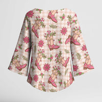 Beige Paniolo Palaka Hawaiian Cowgirl Christmas Kimono Sleeve Blouse LT9 - Polynesian Pride