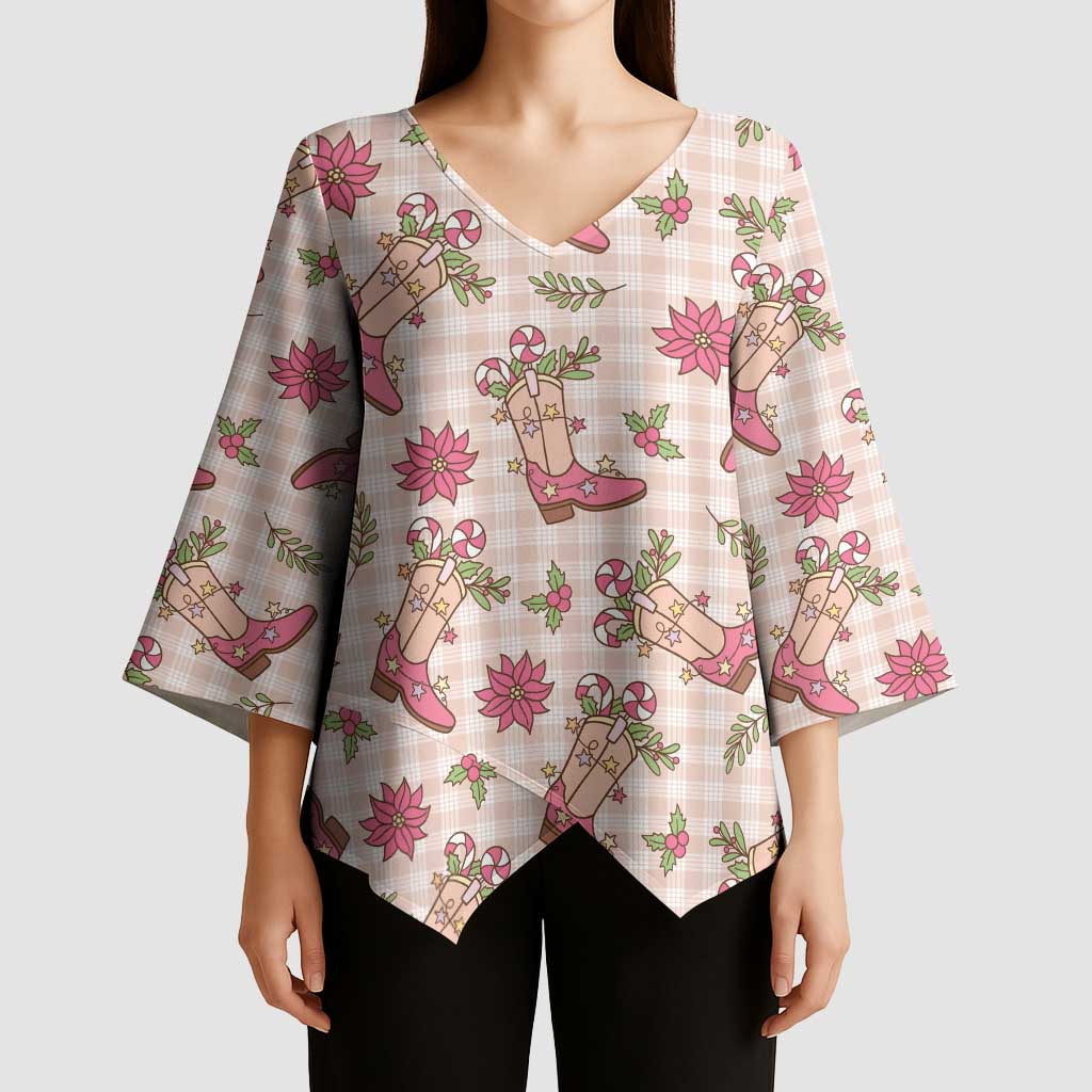 Beige Paniolo Palaka Hawaiian Cowgirl Christmas Kimono Sleeve Blouse LT9 - Polynesian Pride