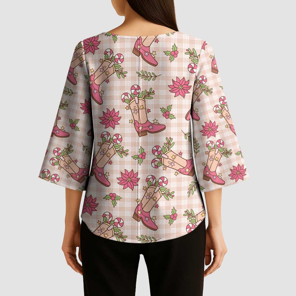 Beige Paniolo Palaka Hawaiian Cowgirl Christmas Kimono Sleeve Blouse LT9 - Polynesian Pride