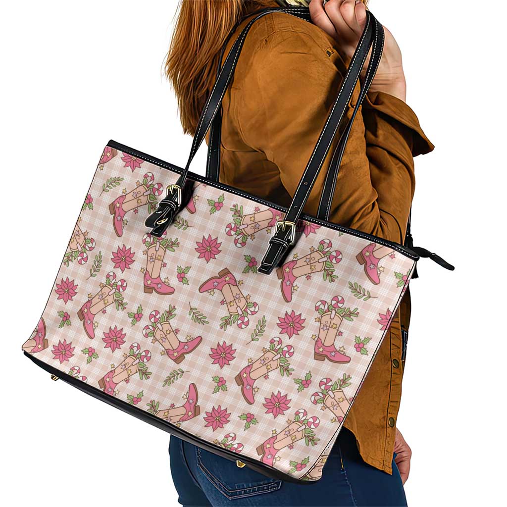 Beige Paniolo Palaka Hawaiian Cowgirl Christmas Leather Tote Bag LT9 - Polynesian Pride