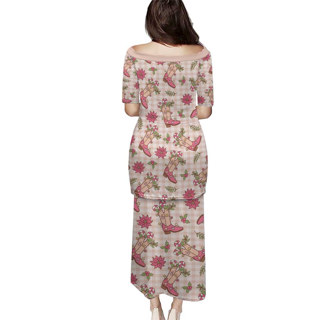 Beige Paniolo Palaka Hawaiian Cowgirl Christmas Puletasi - Polynesian Pride
