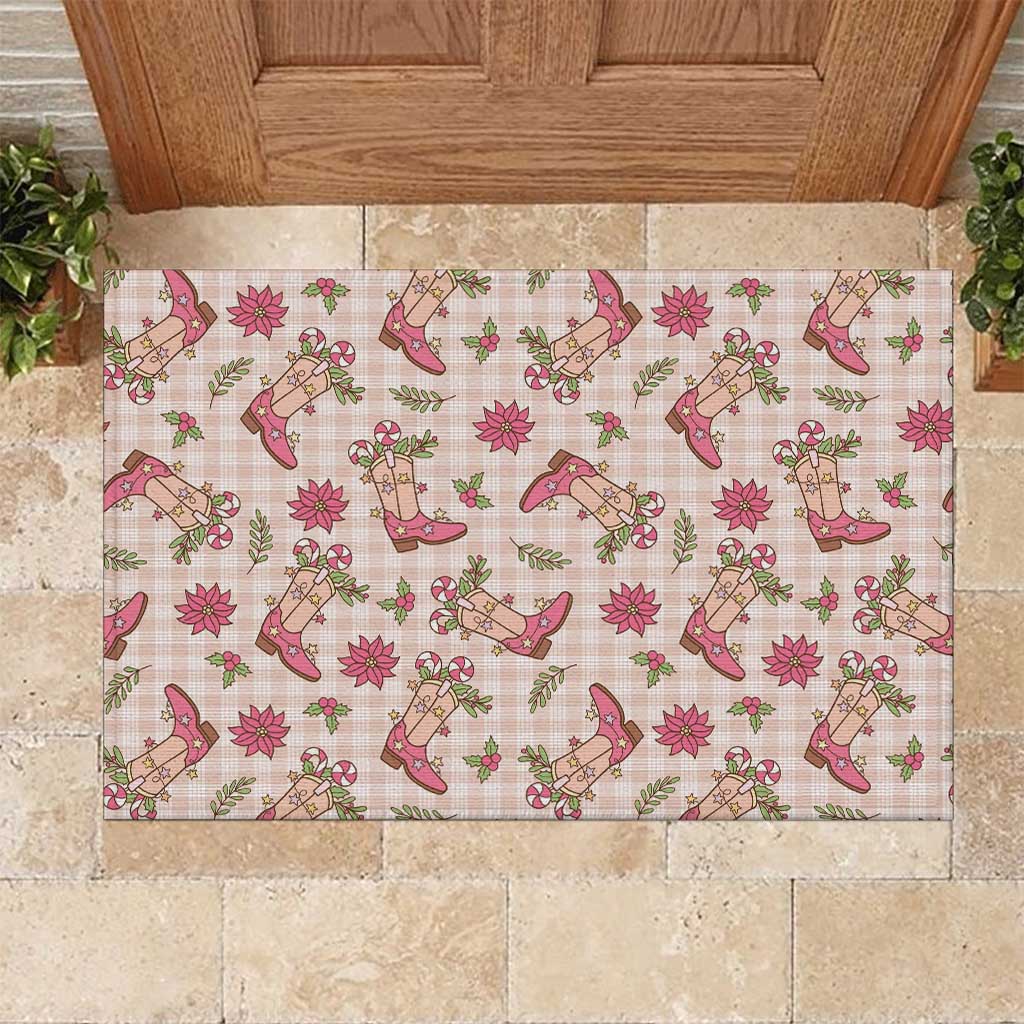 Beige Paniolo Palaka Hawaiian Cowgirl Christmas Rubber Doormat - Polynesian Pride