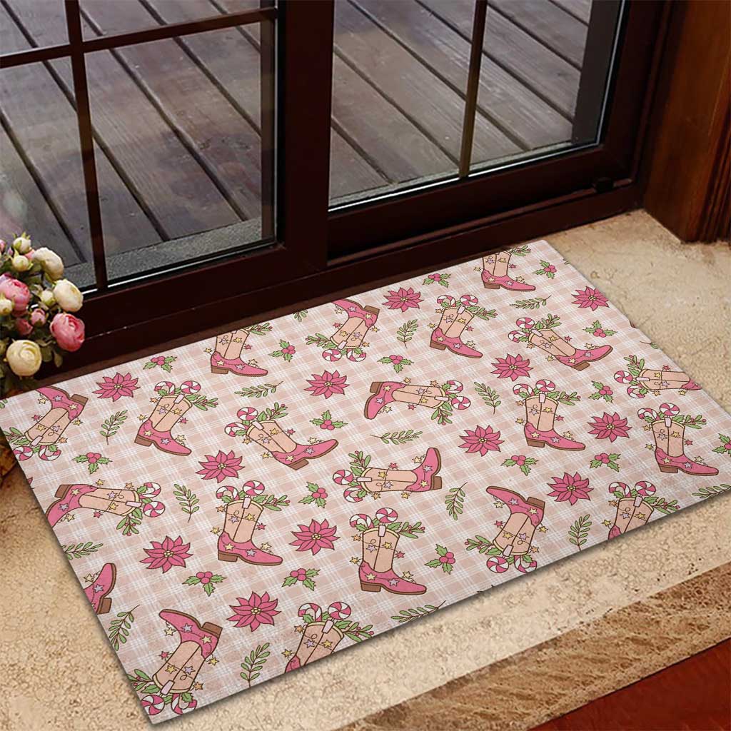 Beige Paniolo Palaka Hawaiian Cowgirl Christmas Rubber Doormat - Polynesian Pride