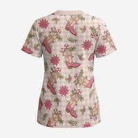 Beige Paniolo Palaka Hawaiian Cowgirl Christmas Scrub Top - Polynesian Pride
