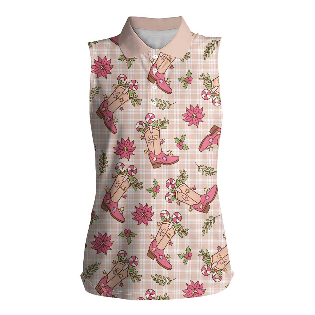 Beige Paniolo Palaka Hawaiian Cowgirl Christmas Women Sleeveless Polo Shirt - Polynesian Pride