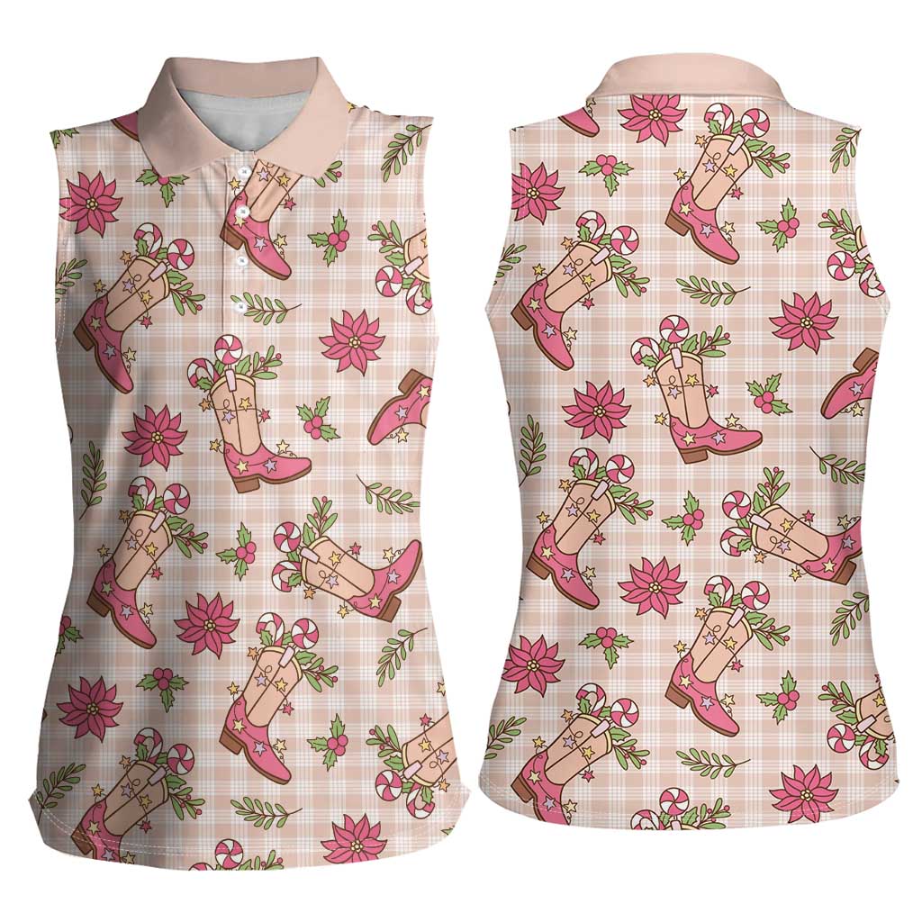 Beige Paniolo Palaka Hawaiian Cowgirl Christmas Women Sleeveless Polo Shirt - Polynesian Pride