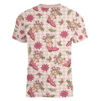 Beige Paniolo Palaka Hawaiian Cowgirl Christmas Women V-Neck T-Shirt - Polynesian Pride