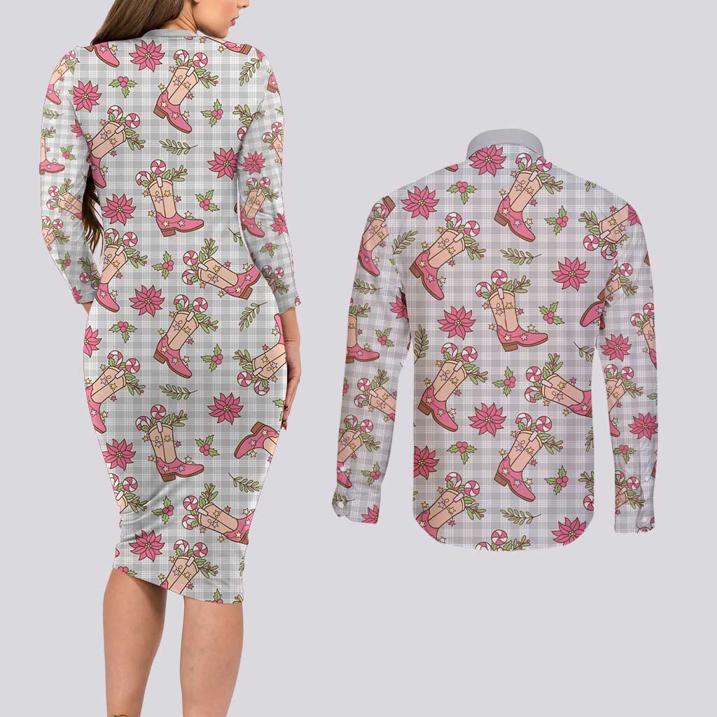 Gray Paniolo Palaka Hawaiian Cowgirl Christmas Couples Matching Long Sleeve Bodycon Dress and Long Sleeve Button Shirt - Polynesian Pride