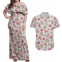 Gray Paniolo Palaka Hawaiian Cowgirl Christmas Couples Matching Off Shoulder Maxi Dress and Hawaiian Shirt - Polynesian Pride