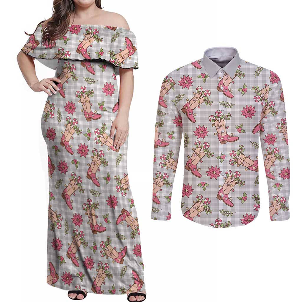 Gray Paniolo Palaka Hawaiian Cowgirl Christmas Couples Matching Off Shoulder Maxi Dress and Long Sleeve Button Shirt - Polynesian Pride