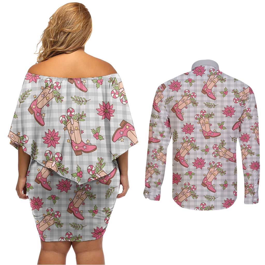 Gray Paniolo Palaka Hawaiian Cowgirl Christmas Couples Matching Off Shoulder Short Dress and Long Sleeve Button Shirt - Polynesian Pride