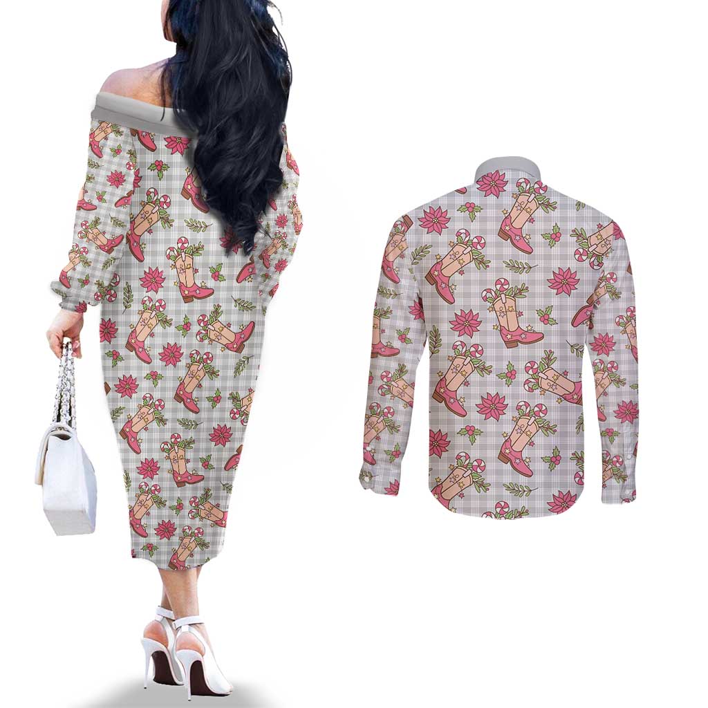 Gray Paniolo Palaka Hawaiian Cowgirl Christmas Couples Matching Off The Shoulder Long Sleeve Dress and Long Sleeve Button Shirt - Polynesian Pride